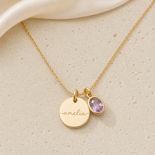 Personalised name necklace with a purple birthstone charm