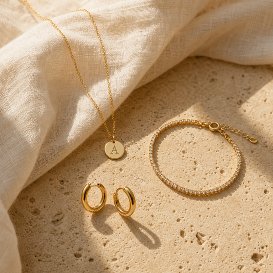 Gold initial necklace styled with delicate jewellery
