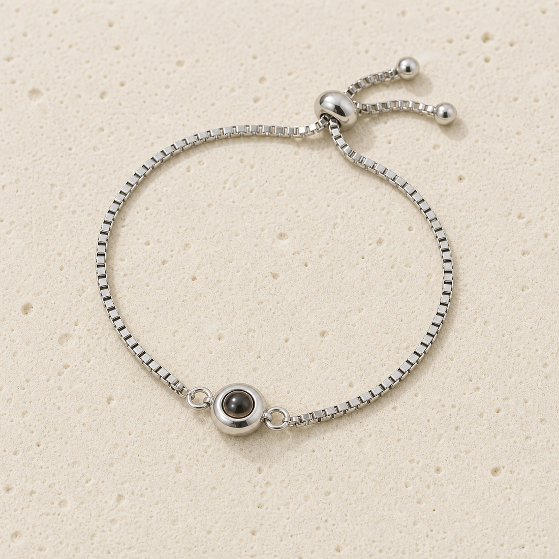 Custom photo projection bracelet in a silver-toned finish